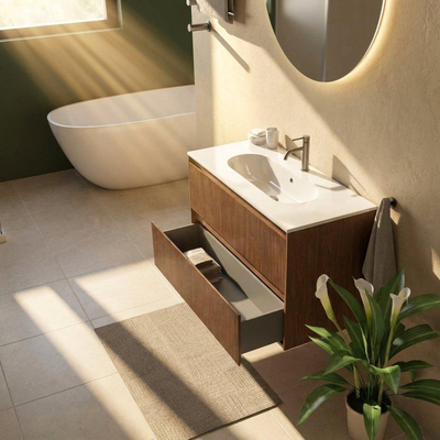 Saniclass Holz Atelier Ensemble meuble de salle de bains - 100x45x73.9cm - lavabo en céramique Chaci blanc - 1 vasque - 1 trou de robinet - 2 tiroirs - noyer pure mat (bois)