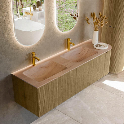 MONDIAZ KURVE-DLUX Meuble de salle de bains 155cm arrondi à droite couleur Dusk avec 2 tiroirs et 1 porte. Lavabo LEAF Double / Gauche 2 trous de robinet Saba.