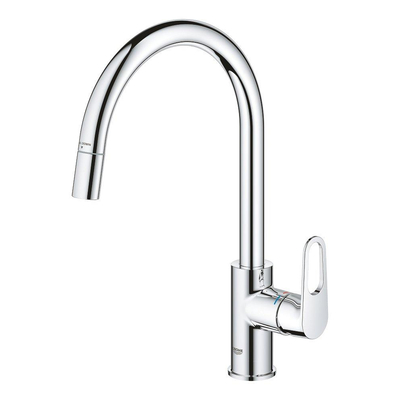 Grohe start flow Robinet de cuisine - monotrou - bec rehaussé rotatif extractible - saillie 21.5cm - poignée ouverte - Chrome