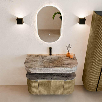 MONDIAZ THOR-DLUX 100cm meuble de salle de bains arrondi gauche + droite couleur Dusk avec 1 tiroir et 2 portes. Vasque suspendue CLOUD Milieu 1 trou de robinet couleur Oza.