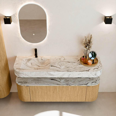 MONDIAZ THOR-DLUX 150cm badmeubel ronding links + rechts kleur Oak met 1 lade en 2 deuren. Vrijhangende wastafel CLOUD Links 1 kraangat kleur Glace.