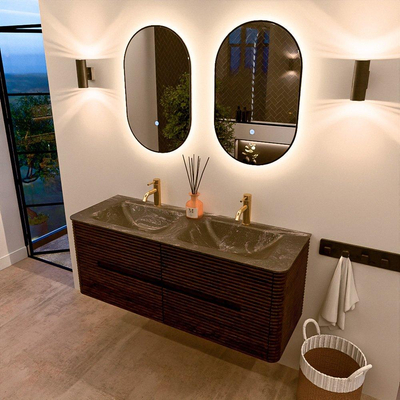 Mondiaz CIRO-DLUX Ensemble de meubles de salle de bains - 130x45x50cm - Lavabo en solid surface Lava - 2 vasques Double - 2 trous de robinet - 4 tiroirs - Noyer