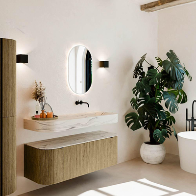 MONDIAZ THOR-DLUX 130cm meuble de salle de bains arrondi gauche + droite couleur Dusk avec 1 tiroir et 2 portes. Vasque suspendue CLOUD droite sans trou de robinet couleur Nata.