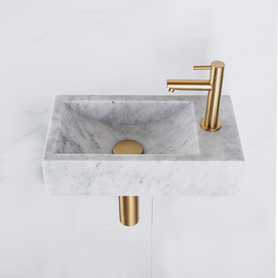 Saniclass Fuente ensemble fontaine - 40x22 - 1 trou de robinet - droite - marbre - robinet de fontaine en laiton brossé - blanc