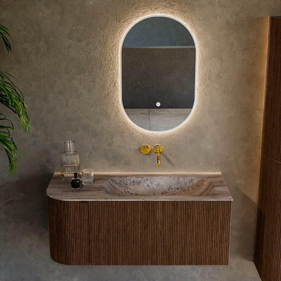 MONDIAZ KURVE-DLUX Meuble de salle de bains 105cm arrondi à gauche couleur Walnut avec 1 tiroir et 1 porte. Lavabo BIG SMALL à droite sans trou de robinet Oza.