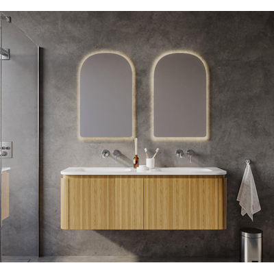 Saniclass Terra Badkamermeubelset - 140x42x45.5cm - keramische wastafel wit glans - 2 wasbakken - 4 lades - Sandwood (licht eiken)