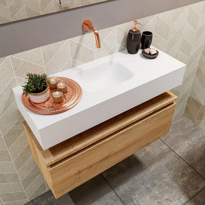 MONDIAZ ANDOR Meuble de toilettes - 80x30x30cm - 0 trous de robinet - 1 tiroir - chêne blanchi mat - lavabo au centre - Solid surface - Blanc