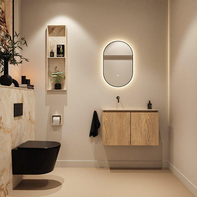 MONDIAZ TURE-DLUX Meuble toilette - 80cm - Washed Oak - EDEN - vasque Frappe - position gauche - sans trou de robinet