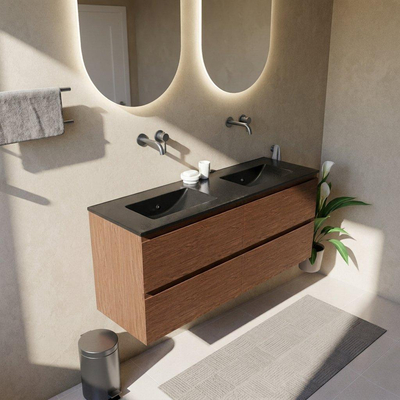 Saniclass Holz Pure Ensemble de meubles de salle de bains - 140x45x62cm - lavabo Vygo en céramique noir - 2 vasques - sans trous de robinetterie - 4 tiroirs - walnut pure mat (bois)