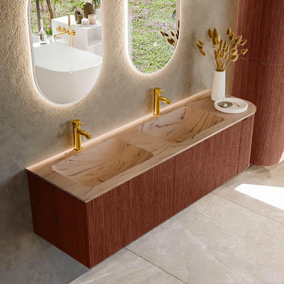 MONDIAZ KURVE-DLUX Meuble de salle de bains 155cm arrondi à droite couleur Ruby avec 2 tiroirs et 1 porte. Lavabo LEAF Double / Orifices de robinet gauche 2 Arena.