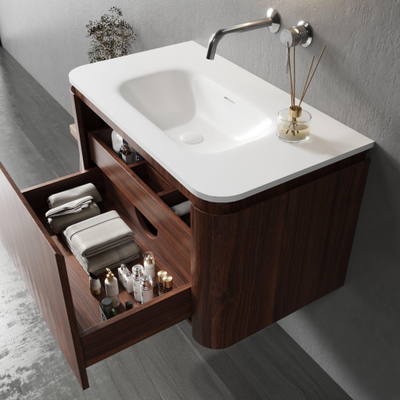 Saniclass Terra Ensemble meuble de salle de bains - 80cm - 2 tiroirs - vasque en solid surface - 1 lavabo - sans trous de robinet - coins arrondis - châtaignier (noisette)