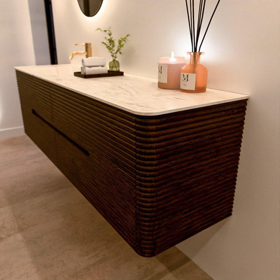 Mondiaz CIRO-DLUX Badkamermeubelset - 170x45x50cm - Solid surface wastafel Ostra - 1 wasbak Links - 1 kraangat - 4 lades - Walnut