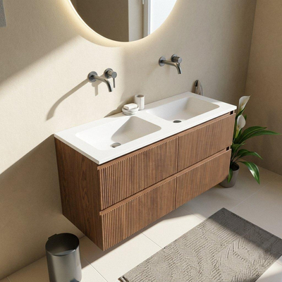 Saniclass Holz Atelier Ensemble meuble de salle de bains - 120x45x77.5cm - lavabo Torino en solid surface blanc - sans trou de robinet - 2 tiroirs - walnut pure mat (bois)