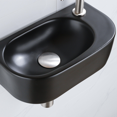 QeramiQ Fuente Ensemble de Lavabo - 40x21.5x12cm - droit - lisse - demi-rond - 1 trou de robinet - céramique - robinet de lavabo en inox brossé - bouchon de vidange - siphon réduit - noir mat