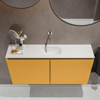 MONDIAZ TURE Toiletmeubel 100x23x50cm met 0 kraangaten 2 deuren ocher mat Wastafel Eden midden Solid Surface Wit