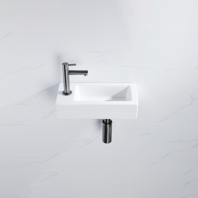 QeramiQ Fuente pack lave-mains – 37,5 x 18,5 x 9 cm – céramique blanc mat – perçage à gauche – robinet gunmetal brossé