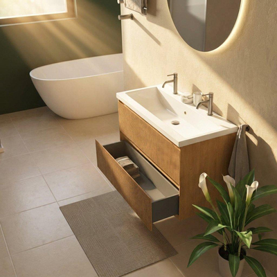 Saniclass Holz Atelier Ensemble de meubles de salle de bains - 100x45x63.5cm - Lavabo Bari en céramique blanc - 1 vasque - 2 trous de robinet - 2 tiroirs - chêne natural mat (bois)