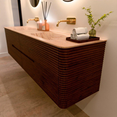 Mondiaz CIRO-DLUX Badkamermeubelset - 190x45x50cm - Solid surface wastafel Saba - 2 wasbak Dubbel - zonder kraangaten - 4 lades - Ruby