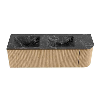 MONDIAZ KURVE-DLUX 145cm Meuble salle de bain avec module 25 D - couleur Oak - 1 tiroir - 1 porte - vasque LEAF double / gauche - sans trou de robinet - couleur Lava