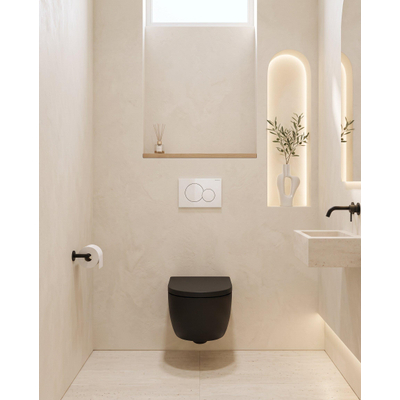 QeramiQ Dely Swirl Toiletset - 36.5x53cm - Geberit UP320 inbouwreservoir - met Burda frame - 35mm zitting - witte sigma bedieningsplaat - ronde knoppen - mat zwart