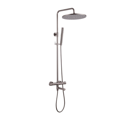 Fortifura Calvi Regendoucheset - thermostatisch - 30cm hoofddouche - metalen slang - staaf handdouche - draaibare baduitloop - Geborsteld Gunmetal PVD