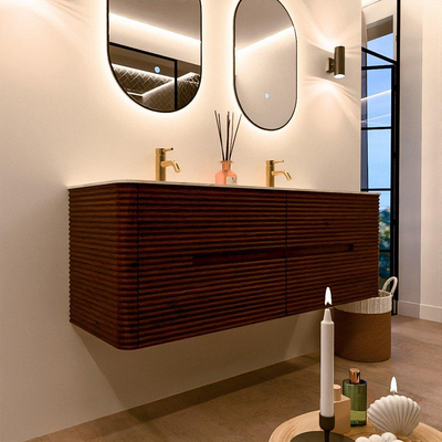 Mondiaz CIRO-DLUX Badkamermeubelset - 140x45x50cm - Solid surface wastafel Ostra - 2 wasbak Dubbel - 2 kraangaten - 4 lades - Ruby