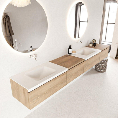 Mondiaz BUKLA badkamermeubelset 280x45x34cm 0 kraangaten 2 wasbakken solid surface Talc greeploos 4 lades met softclose Melamine Washed Oak