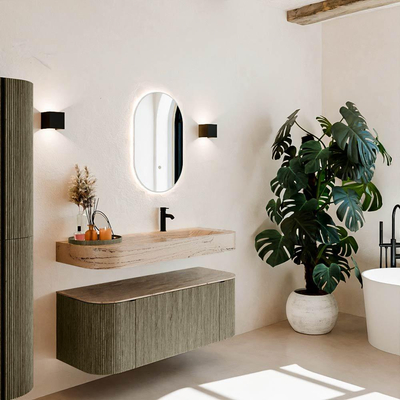 MONDIAZ THOR-DLUX 120cm meuble de salle de bains arrondi gauche + droite couleur Shadow avec 1 tiroir et 2 portes. Vasque suspendue CLOUD Droite 1 trou de robinet couleur Arena.