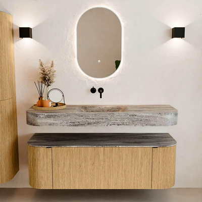 MONDIAZ THOR-DLUX 140cm badmeubel ronding links + rechts kleur Oak met 1 lade en 2 deuren. Vrijhangende wastafel CLOUD Midden zonder kraangat kleur Oza.