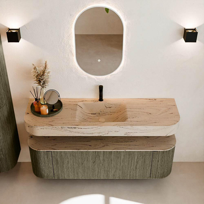 MONDIAZ THOR-DLUX 150cm meuble de salle de bains arrondi gauche + droite couleur Shadow avec 1 tiroir et 2 portes. Vasque suspendue CLOUD Milieu 1 trou de robinet couleur Arena.