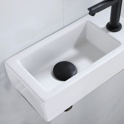 QeramiQ Lave-mains Kit lave-mains - 37.5x18.5x9cm - céramique - trou de robinet à droite - robinet lave-mains noir mat - bonde de vidage - siphon abaissé - Mat blanc
