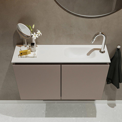 MONDIAZ TURE Toiletmeubel 80x23x50cm met 1 kraangaten 2 deuren smoke mat Wastafel Eden rechts Solid Surface Wit