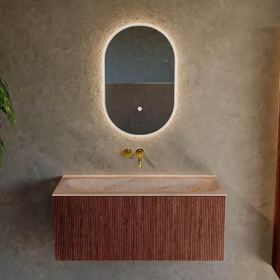 MONDIAZ KURVE-DLUX Meuble de salle de bains 100 cm couleur Ruby avec 1 tiroir et 0 porte. Lavabo BIG MEDIUM Central sans trou de robinet Saba.