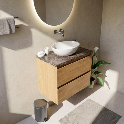 Saniclass Holz Pure Ensemble de meubles de salle de bains - 80x45x63cm - Plan de toilette en pierre naturelle Noche dark emperador - sans trou de robinet - 2 tiroirs - chêne natural mat (bois)
