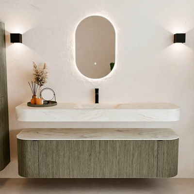 MONDIAZ THOR-DLUX 170cm meuble de salle de bains arrondi gauche + droite couleur Shadow avec 1 tiroir et 2 portes. Vasque suspendue CLOUD Milieu 1 trou de robinet couleur Ostra.