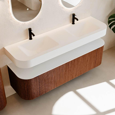 MONDIAZ THOR 160cm meuble de salle de bains arrondi gauche + droite couleur Ruby avec 1 tiroir et 2 portes. Vasque suspendue CLOUD Double 2 trous de robinet couleur Talc.