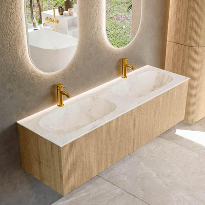 MONDIAZ KURVE-DLUX Meuble de salle de bains 150 cm couleur Oak avec 2 tiroirs. Lavabo STOR SMALL double 2 trous de robinet couleur Frappe.