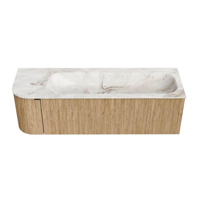 MONDIAZ KURVE-DLUX 145cm meuble de salle de bains avec module 25 L couleur Oak avec 1 tiroir et 1 porte. Lavabo BIG LARGE à droite 2 trous de robinet couleur Frappe.