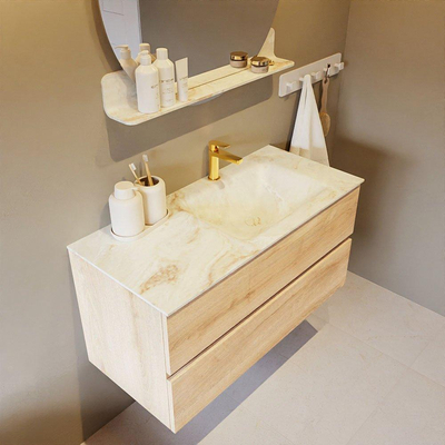 Mondiaz VICA-DLUX Ensemble de meuble de salle de bain - 100cm - meuble sous-vasque chêne blanchi - 2 tiroirs - lavabo encastré cloud droite - 1 trou de robinet - version haute de 60cm - frape