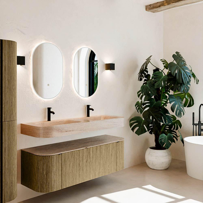 MONDIAZ THOR-DLUX 140cm meuble de salle de bains arrondi gauche + droite couleur Dusk avec 1 tiroir et 2 portes. Vasque suspendue CLOUD Double 2 trous de robinet couleur Saba.