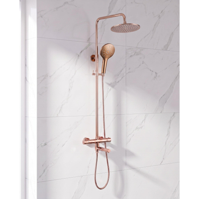 Fortifura Calvi Regendoucheset - thermostatisch - 25cm hoofddouche - metalen slang - ronde handdouche - draaibare baduitloop - geborsteld koper PVD