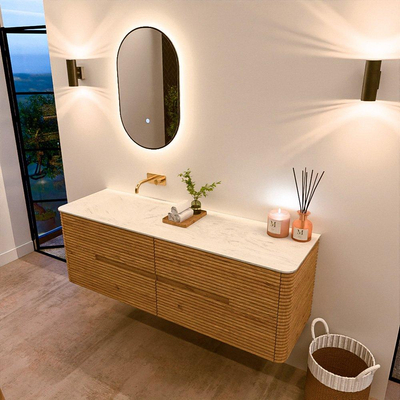 Mondiaz CIRO-DLUX Badkamermeubelset - 150x45x50cm - Solid surface wastafel Opalo - 1 wasbak Links - zonder kraangaten - 4 lades - Oak