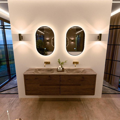 Mondiaz CIRO-DLUX Badkamermeubelset - 160x45x50cm - Solid surface wastafel Oza - 2 wasbak Dubbel - zonder kraangaten - 4 lades - Dusk
