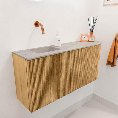 Mondiaz JOYA-DLUX 91.6cm toiletmeubel - ronding rechts kleur Oak - Wastafel FAYE positie Links Zonder kraangat kleur Glace.