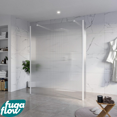 FugaFlow Eccelente Vetro Douche à l'italienne libre - 160x200cm - Clair strié - anti-calcaire - verre de sécurité 8mm - 2 parois latérales 30cm - avec bras muraux et profils d'angle - Blanc mat -