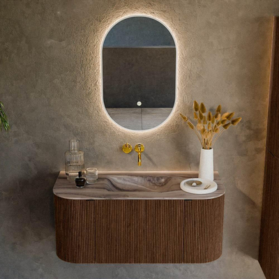 MONDIAZ KURVE-DLUX 100cm badmeubel ronding Links + Rechts kleur Walnut met 1 lade en 2 deuren. Wastafel GRUNNE Midden zonder kraangat Sombra.