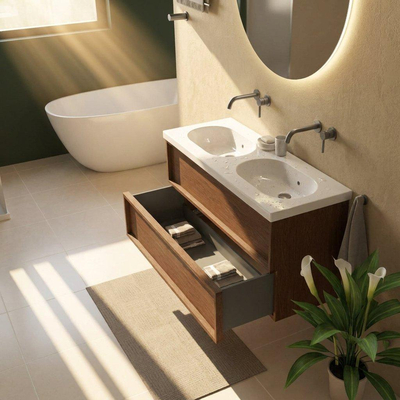 Saniclass Holz Frame Ensemble de meuble de salle de bains - 120x45x63.5cm - lavabo en céramique Palermo blanc - 2 vasques - sans trous de robinetterie - 2 tiroirs - walnut pure mat (bois)