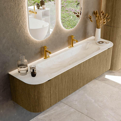 Mondiaz KURVE-DLUX Badkamermeubelset - 170x46x40cm - 1 lade - 2 deuren - wastafel solid surface - midden - 2 kraangaten - Dusk