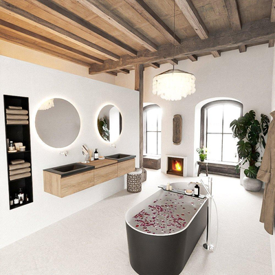 MONDIAZ BUKLA 180cm badmeubel met module 60 kleur Washed Oak met 3 lades. Wastafel CLOUD dubbel 0 kraangaten kleur Urban.
