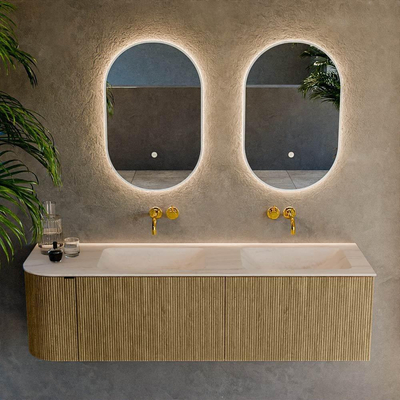 MONDIAZ KURVE-DLUX 155cm badmeubel ronding Links kleur Dusk met 2 lades en 1 deur. Wastafel LEAF Dubbel / Rechts zonder kraangat Meli.